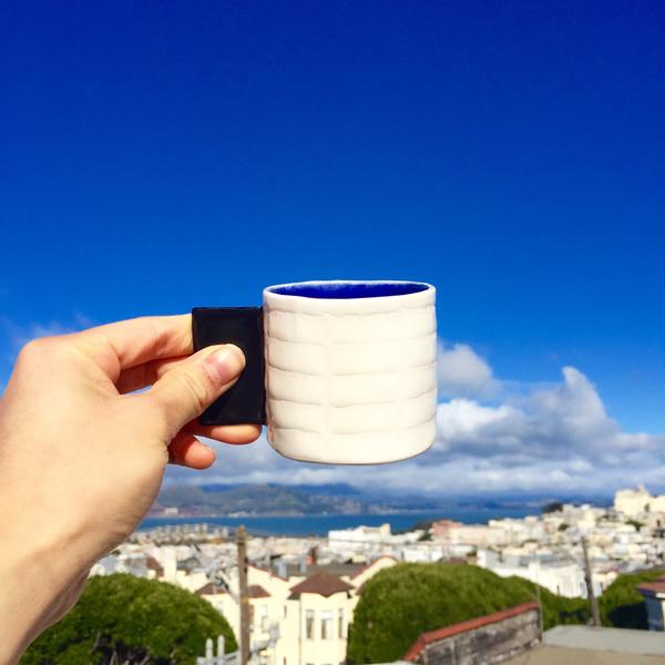 Small White Grid Cup with Navy Center